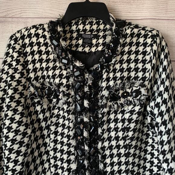 Moka Sport Black and White Houndstooth Blazer Jacket Rhinestone Fringe Size M - Picture 2 of 16